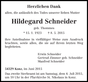 Traueranzeige von Hildegard Schneider von trierischer_volksfreund