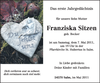 Traueranzeige von Franziska Sitzen von TRIERISCHER VOLKSFREUND