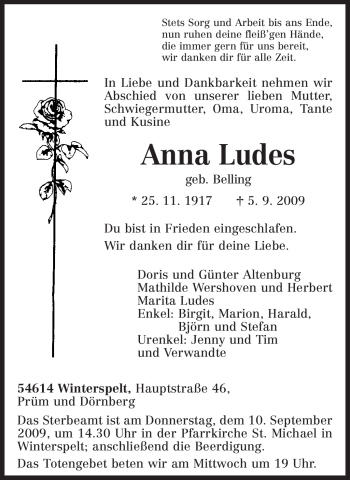 Traueranzeige von Anna Ludes von TRIERISCHER VOLKSFREUND