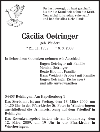 Traueranzeige von Cäcilia Oetringer von TRIERISCHER VOLKSFREUND