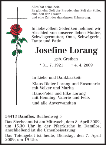 Traueranzeige von Josefine Lorang von TRIERISCHER VOLKSFREUND