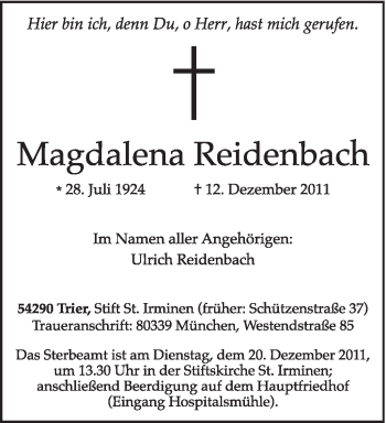 Traueranzeige von Magdalena Reidenbach von TRIERISCHER VOLKSFREUND