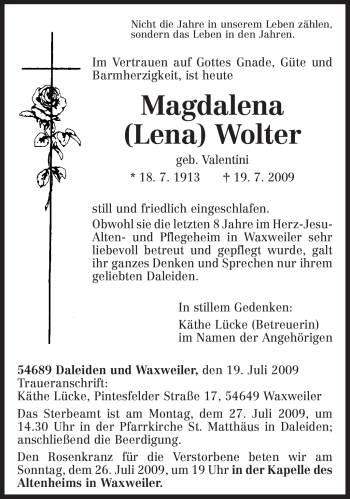 Traueranzeige von Magdalena Wolter von TRIERISCHER VOLKSFREUND