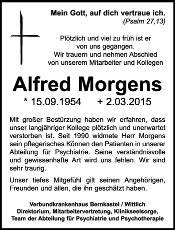 Traueranzeige von Alfred Morgens von trierischer_volksfreund