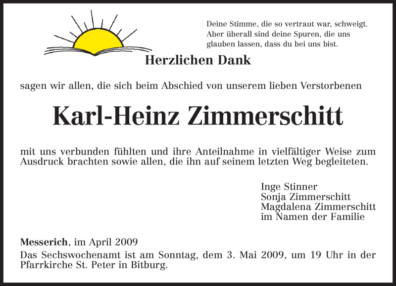  Traueranzeige für Karl-Heinz Zimmerschitt vom 25.04.2009 aus TRIERISCHER VOLKSFREUND