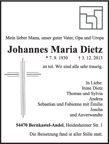 Traueranzeige von Johannes Maria Dietz von trierischer_volksfreund