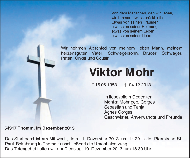  Traueranzeige für Viktor Mohr vom 07.12.2013 aus trierischer_volksfreund