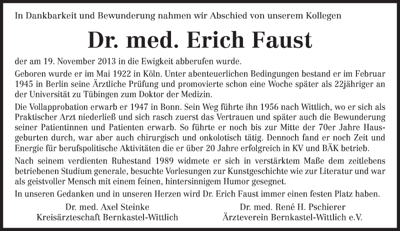  Traueranzeige für Erich Faust vom 11.12.2013 aus trierischer_volksfreund