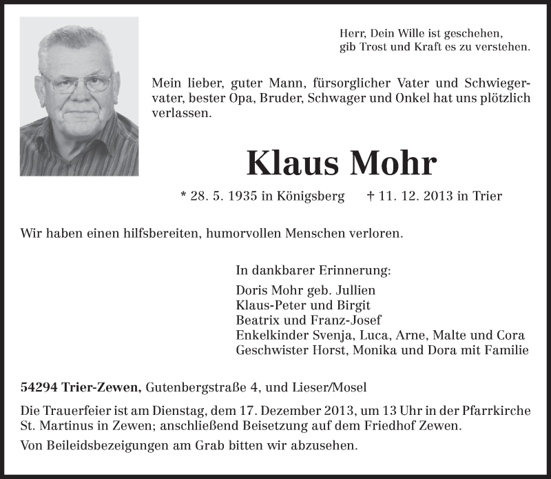  Traueranzeige für Klaus Mohr vom 14.12.2013 aus trierischer_volksfreund