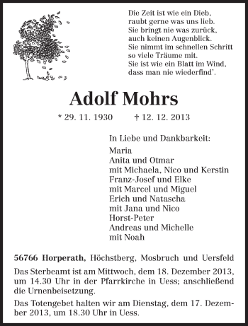 Traueranzeige von Adolf Mohrs von trierischer_volksfreund