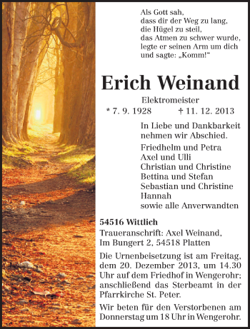 Traueranzeige von Erich Weinand von trierischer_volksfreund