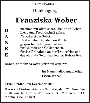 Traueranzeige von Franziska Weber von trierischer_volksfreund