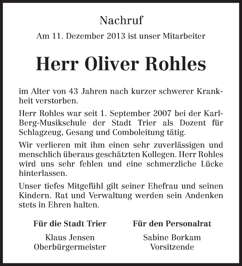  Traueranzeige für Oliver Rohles vom 14.12.2013 aus trierischer_volksfreund