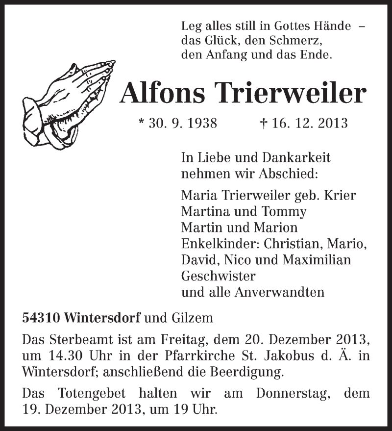  Traueranzeige für Alfons Trierweiler vom 18.12.2013 aus trierischer_volksfreund