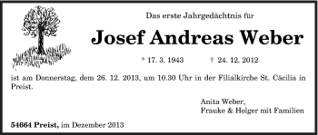 Traueranzeige von Josef Andreas Weber von trierischer_volksfreund