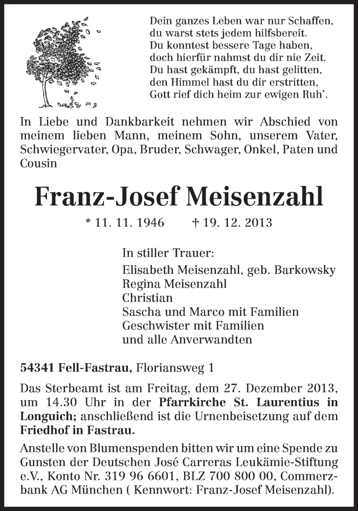  Traueranzeige für Franz-Josef Meisenzahl vom 23.12.2013 aus trierischer_volksfreund