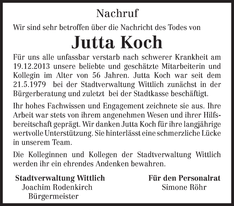  Traueranzeige für Jutta Koch vom 27.12.2013 aus trierischer_volksfreund