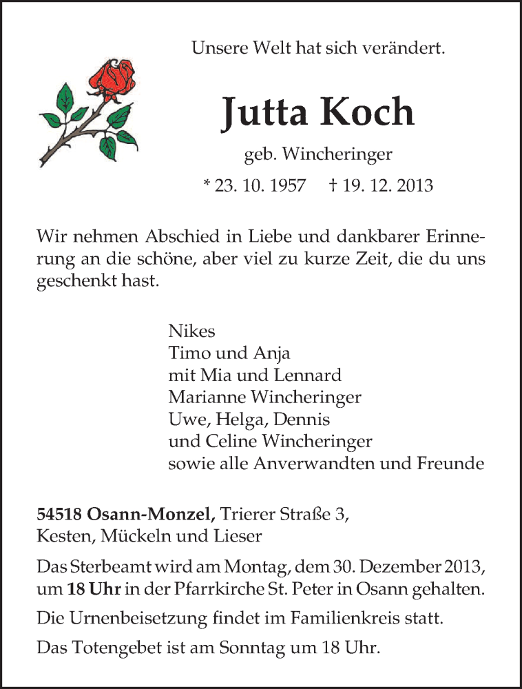  Traueranzeige für Jutta Koch vom 27.12.2013 aus trierischer_volksfreund