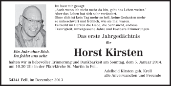 Traueranzeige von Horst Kirsten von trierischer_volksfreund