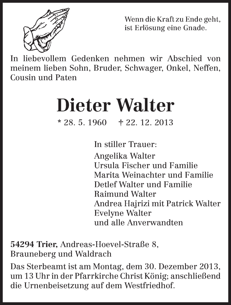  Traueranzeige für Dieter Walter vom 28.12.2013 aus trierischer_volksfreund