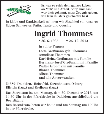 Traueranzeige von Ingrid Thommes von trierischer_volksfreund