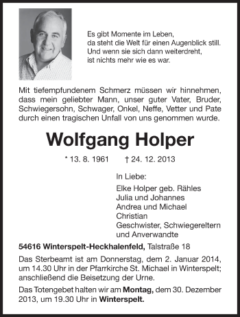 Traueranzeige von Wolfgang Holper von trierischer_volksfreund
