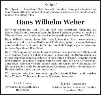 Traueranzeige von Hans Wilhelm Weber von TRIERISCHER VOLKSFREUND