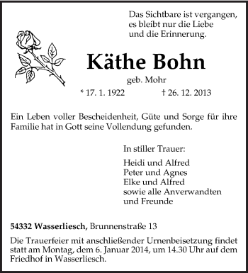 Traueranzeige von Käthe Bohn von trierischer_volksfreund