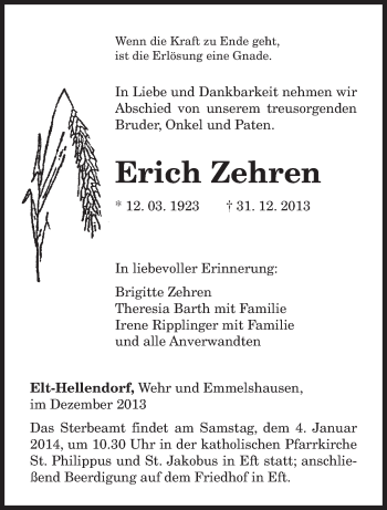 Traueranzeige von Erich Zehren von trierischer_volksfreund