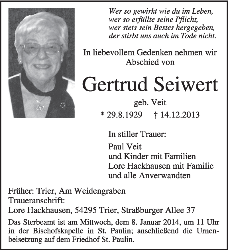  Traueranzeige für Gertrud Seiwert vom 04.01.2014 aus trierischer_volksfreund