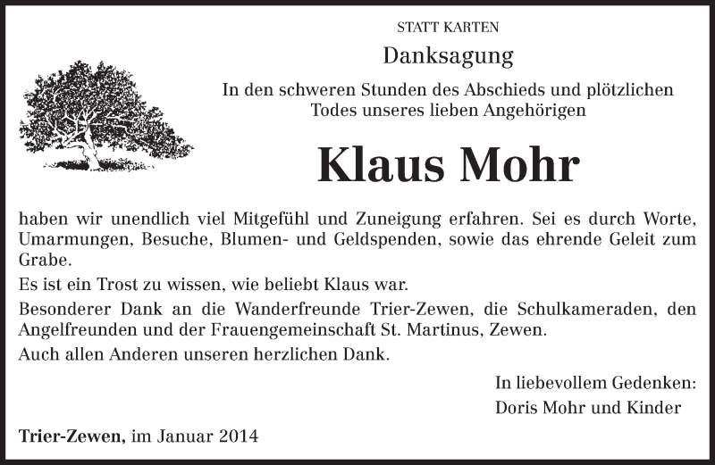  Traueranzeige für Klaus Mohr vom 11.01.2014 aus trierischer_volksfreund