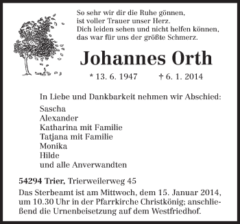 Traueranzeige von Johannes Orth von trierischer_volksfreund