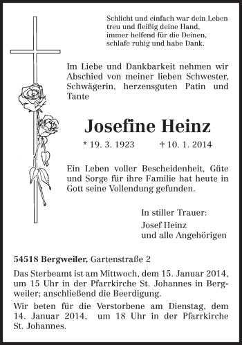 Traueranzeige von Josefine Heinz von trierischer_volksfreund