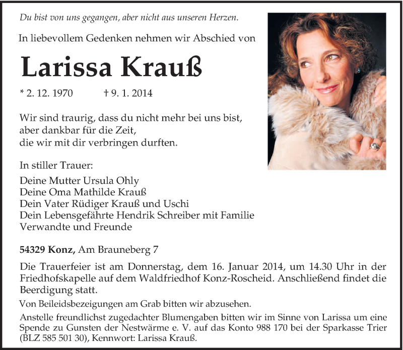  Traueranzeige für Larissa Krauß vom 14.01.2014 aus trierischer_volksfreund