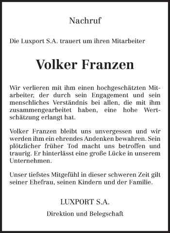 Traueranzeige von Volker Franzen von trierischer_volksfreund