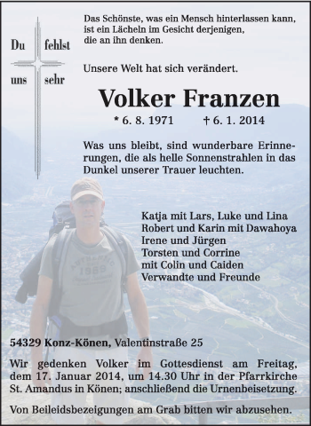 Traueranzeige von Volker Franzen von trierischer_volksfreund