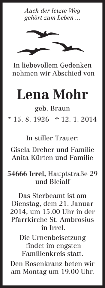 Traueranzeige von Lena Mohr von trierischer_volksfreund