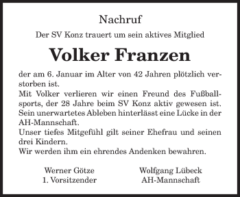 Traueranzeige von Volker Franzen von trierischer_volksfreund