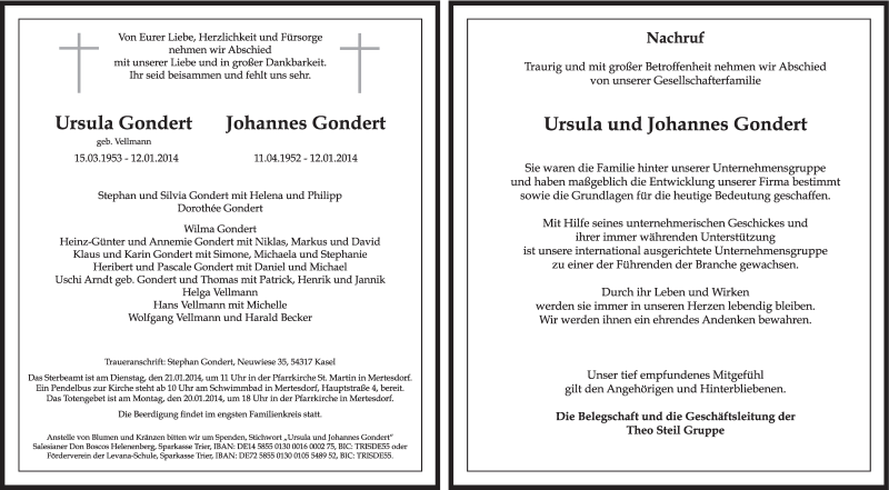  Traueranzeige für Ursula und Johannes Gondert vom 17.01.2014 aus trierischer_volksfreund