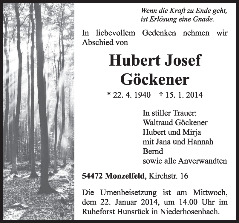  Traueranzeige für Hubert Josef Göckener vom 18.01.2014 aus trierischer_volksfreund