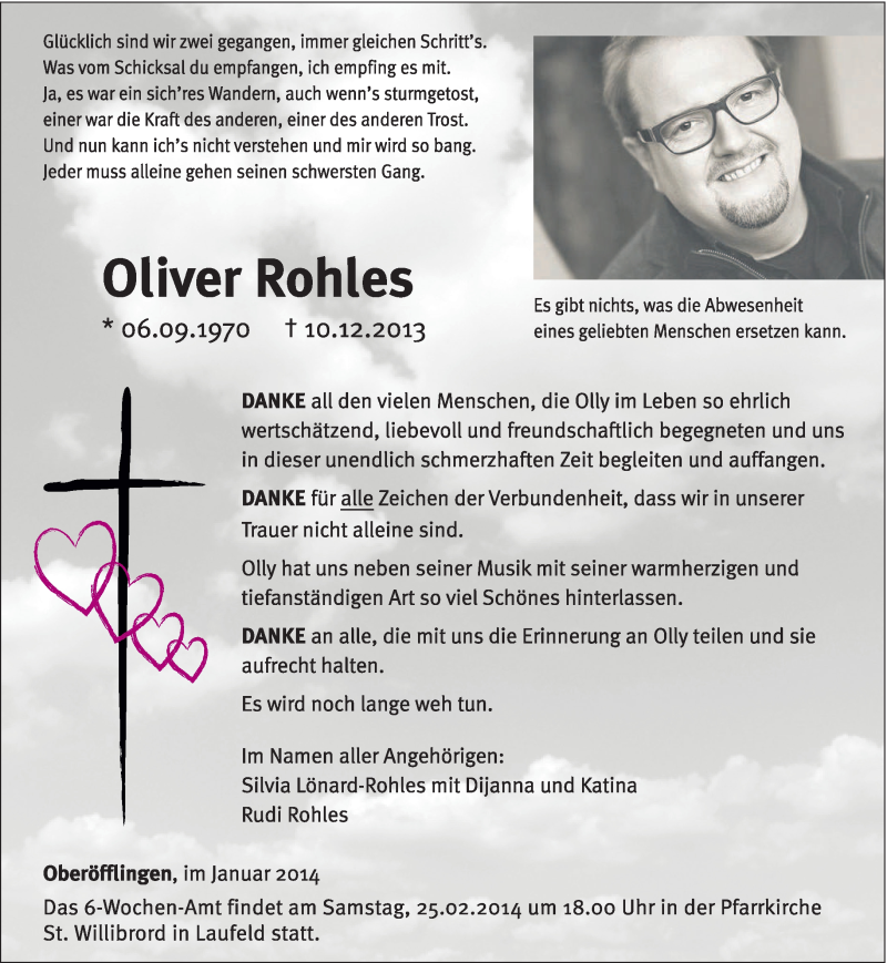  Traueranzeige für Oliver Rohles vom 18.01.2014 aus trierischer_volksfreund