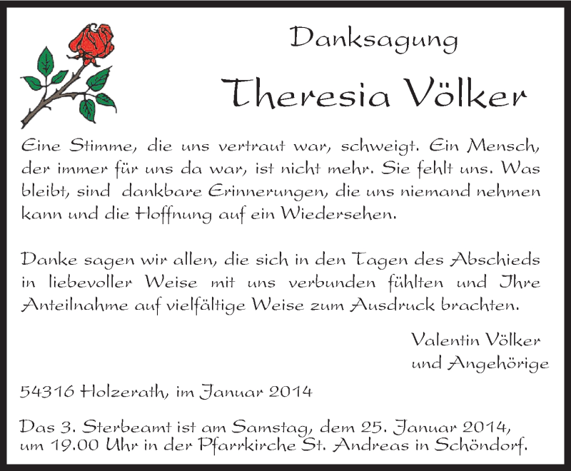  Traueranzeige für Theresia Völker vom 18.01.2014 aus trierischer_volksfreund