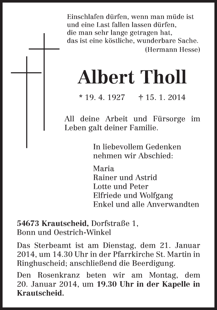  Traueranzeige für Albert Tholl vom 18.01.2014 aus trierischer_volksfreund