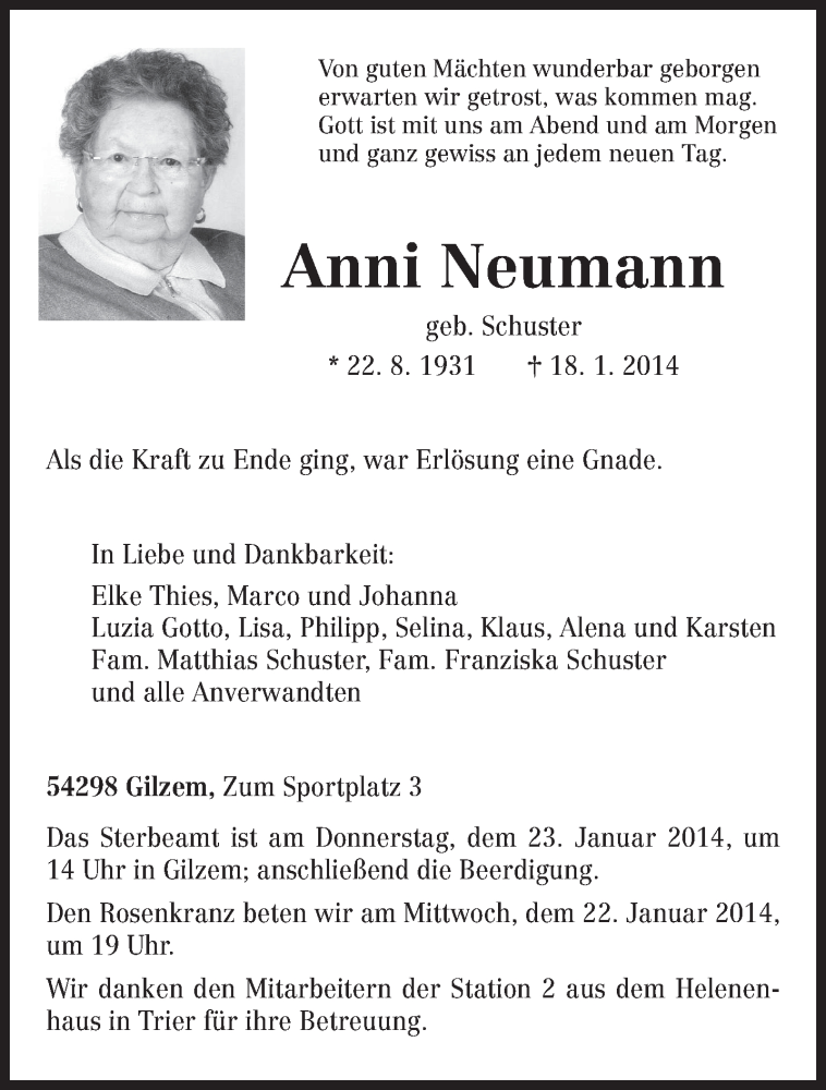  Traueranzeige für Anni Neumann vom 21.01.2014 aus trierischer_volksfreund