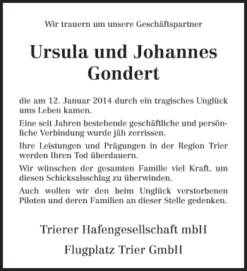 Traueranzeige von Ursula und Johannes Gondert von trierischer_volksfreund
