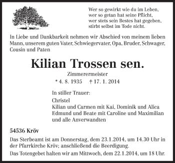 Traueranzeige von Kilian Trossen sen. von trierischer_volksfreund