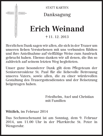 Traueranzeige von Erich Weinand von trierischer_volksfreund