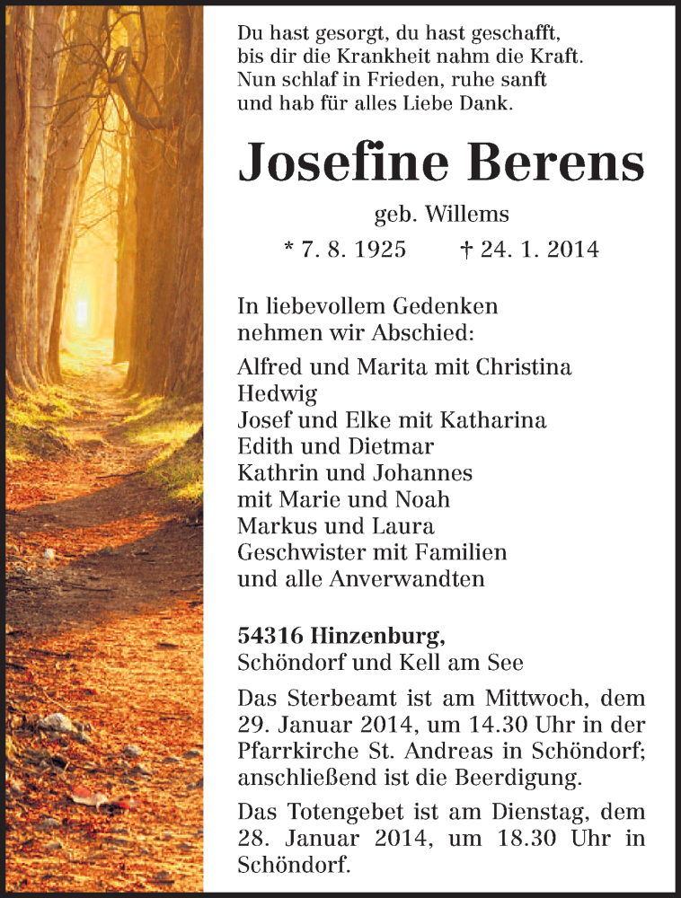  Traueranzeige für Josefine Berens vom 27.01.2014 aus trierischer_volksfreund