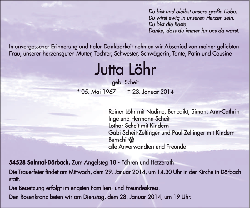  Traueranzeige für Jutta Löhr vom 27.01.2014 aus trierischer_volksfreund