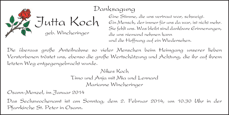 Traueranzeige für Jutta Koch vom 29.01.2014 aus trierischer_volksfreund